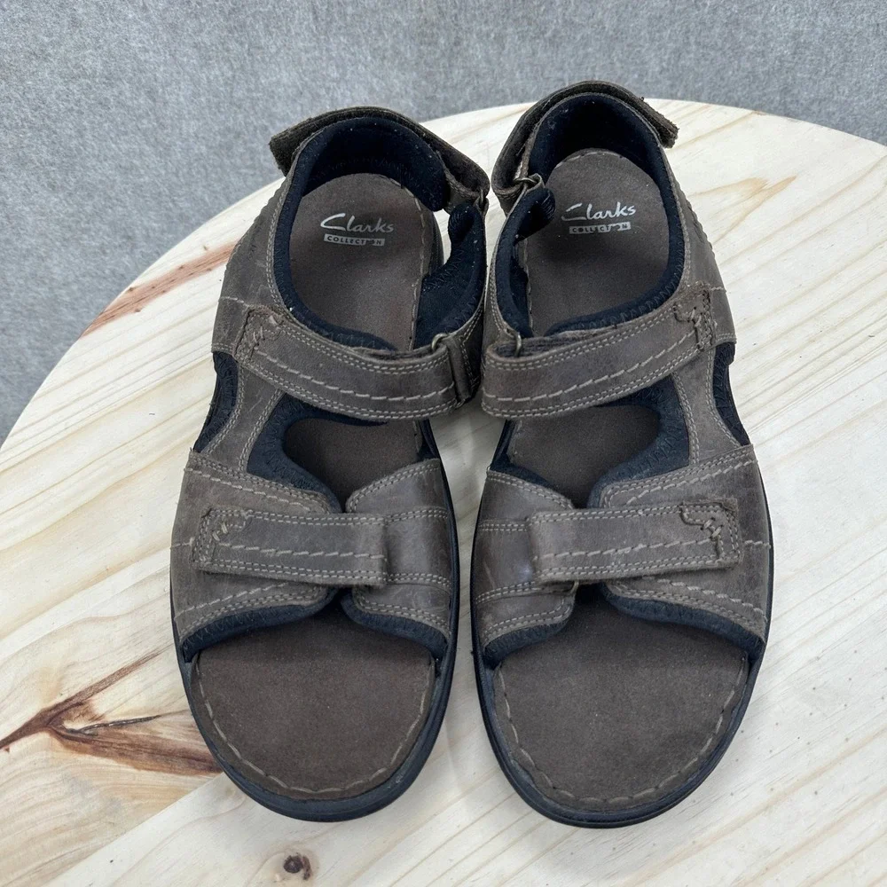 Clarks Sandals Mens 11 Brown Leather Triple Strap Adjustable Fishing Hiking